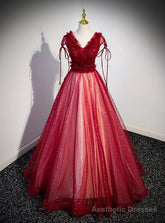 Burgundy Tulle Sequins V-neck Beading Prom Dress